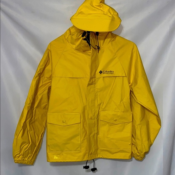 Columbia Bright Yellow Hooded Rain Jacket YOUTH SIZE LARGE VERY GOOD CONDITION - Picture 1 of 11